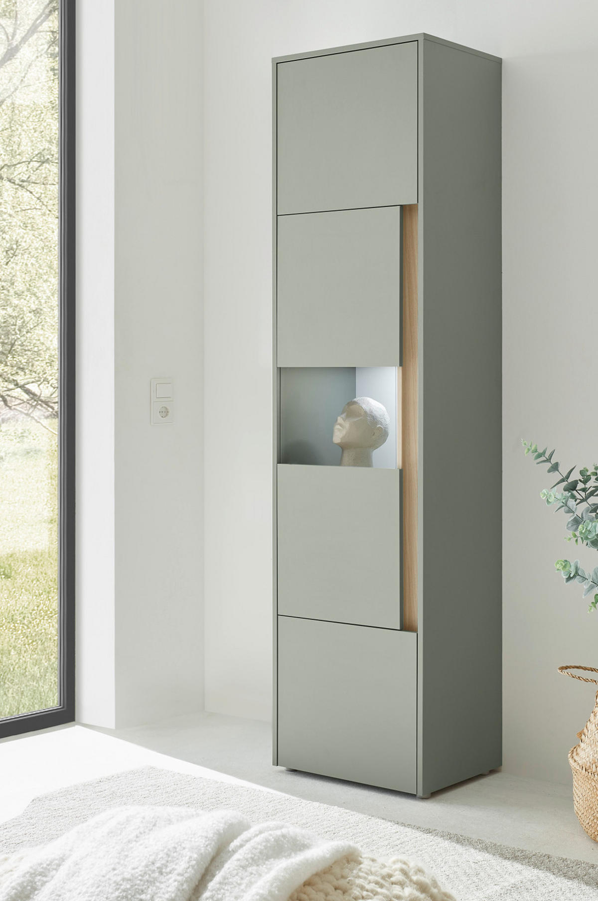 VITRINE Salbei grün, Barista Eiche 50 x 197 cm, Vitrinenschrank mit 5 Fächern - Salbeigrün/Eichefarben, Glas/Holzwerkstoff (50/197/40cm) - Furn.Design