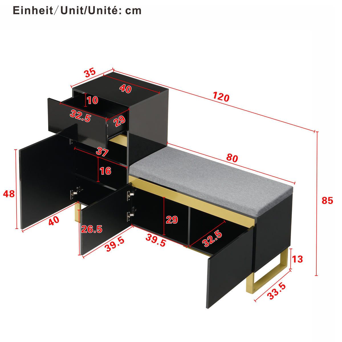 SCHUHSCHRANK in Schwarz Schuhkommode mit großem Fassungsvermögen, mehrstöckigem Stauraum und Schubladen , B120/T35/H85cm - Goldfarben/Schwarz, Holzwerkstoff/Metall (120/80/35cm) - STILVORA
