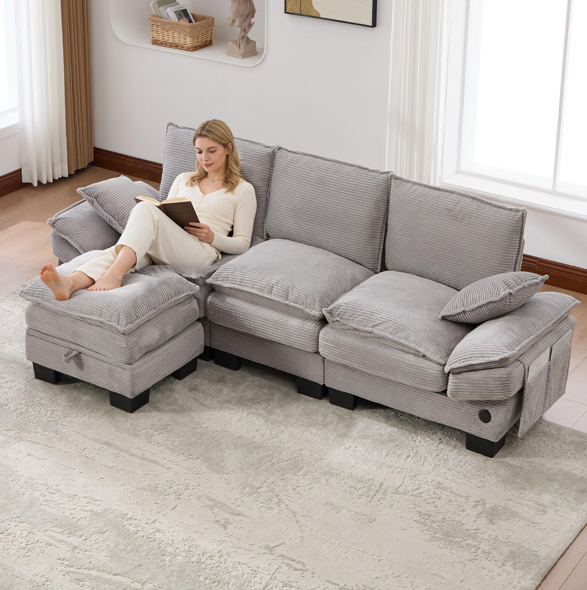 SOFA 3-Sitzer modular mit Hocker 260 x 132 cm Corduroy Light Gray - Hellgrau, Kunststoff (132/260.1cm) - Meubliv
