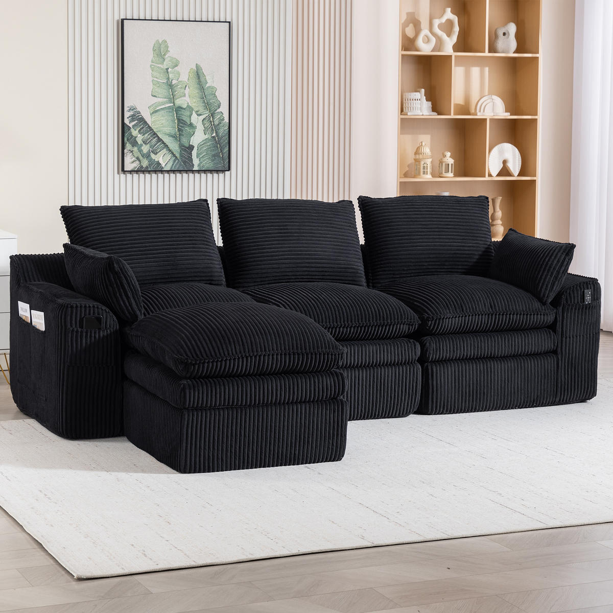 3-SITZER ECKSOFA Cord Schwarz mit Kissen und Hocker - Schwarz, Textil (263/167cm) - WISHDOR
