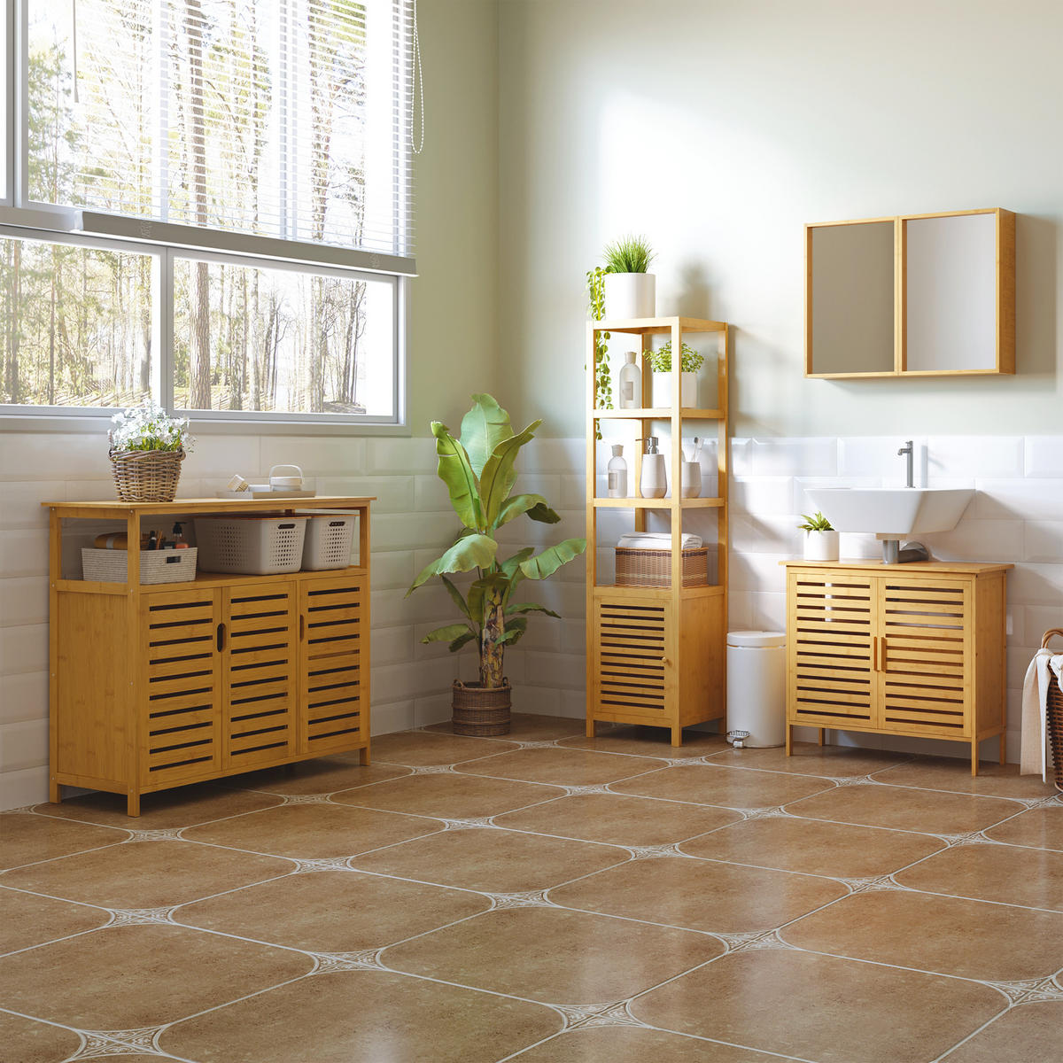 BADSCHRANK - Naturfarben, Holzwerkstoff (33/140/36cm) - HOMCOM