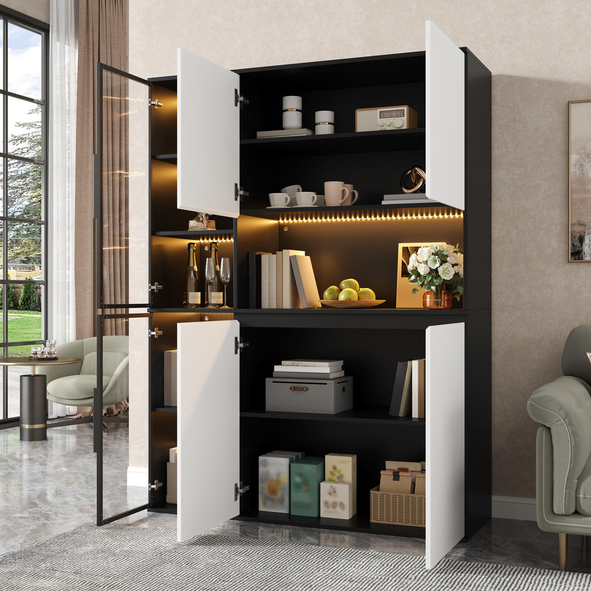 HOCHSCHRANK Vitrine LED Glaselemente Schwarz Weiß MDF - Multicolor, Holzwerkstoff (120/160/40cm) - FLIEKS
