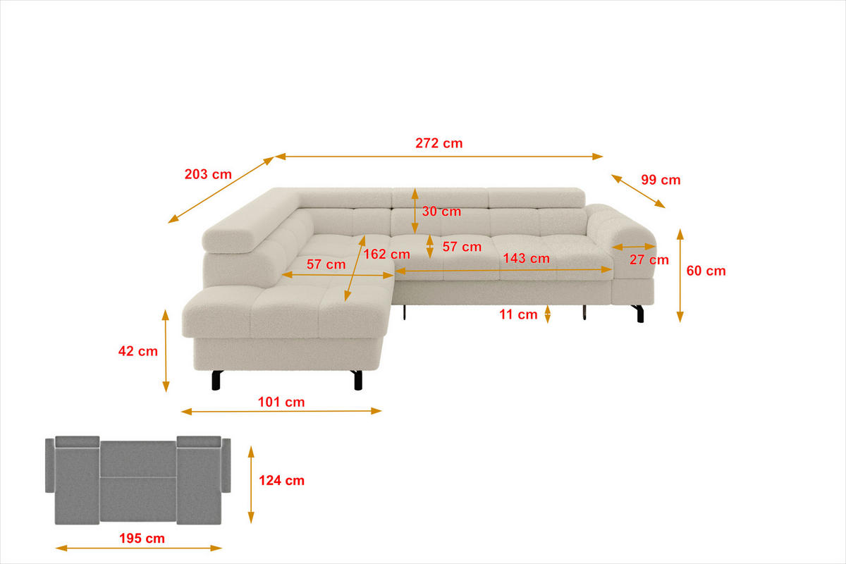 ECKSOFA mit Schlaffunktion Ottomane Links LUMA-L 272x203x70 Beige Bouclé - Sandfarben/Schwarz, Holzwerkstoff/Kunststoff (272/203cm) - ALTDECOR