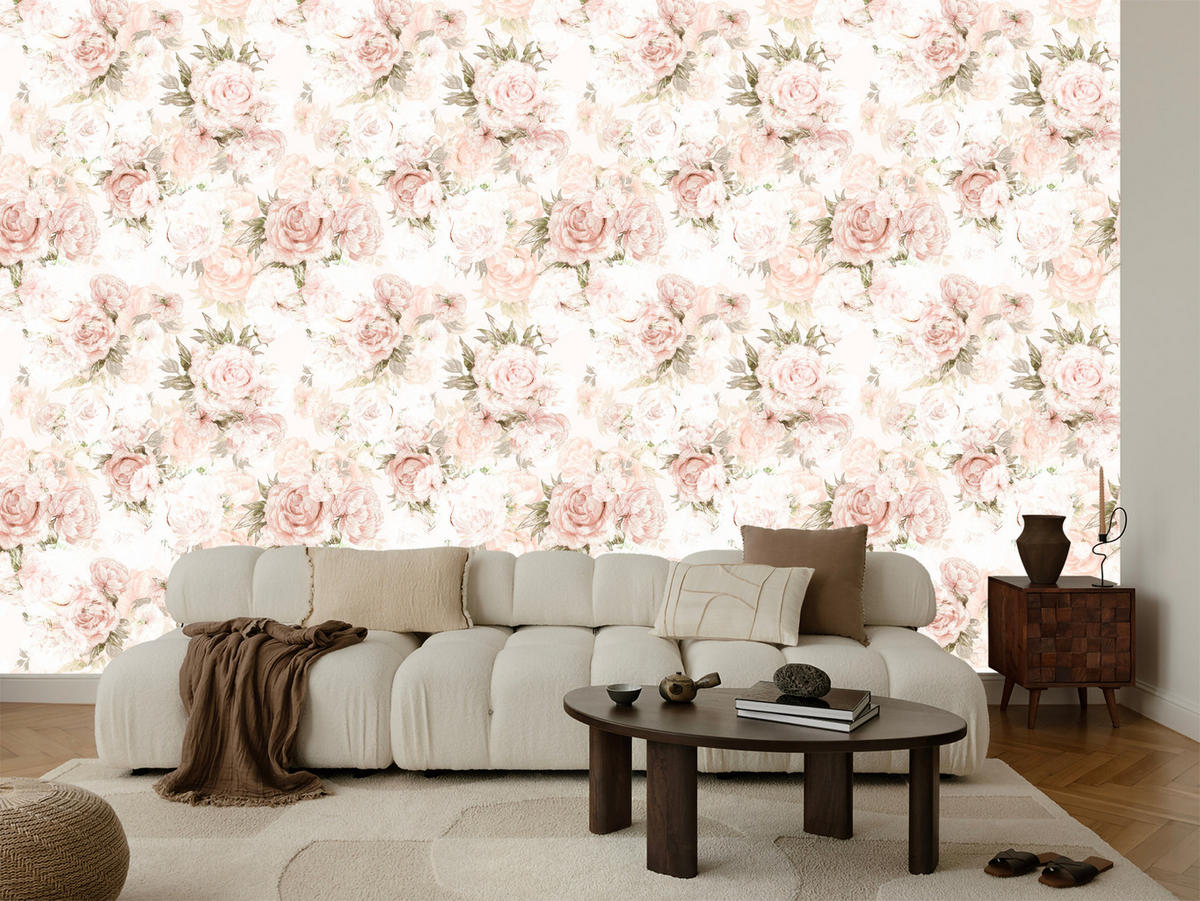 VLIESTAPETE Pastell-Pfingstrosen – Rosa, Beige, Weiß – 50x1000 cm - Beige/Rosa, Papier (50/1000cm) - Muralo