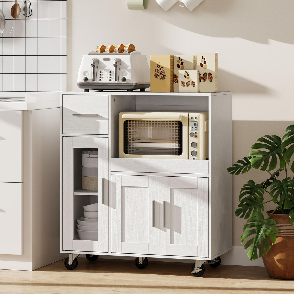 KÜCHENWAGEN mit Ausziehbarem Tablett Weiß - Silberfarben/Weiß, Holzwerkstoff/Metall (40/88.7/80cm) - HOMCOM