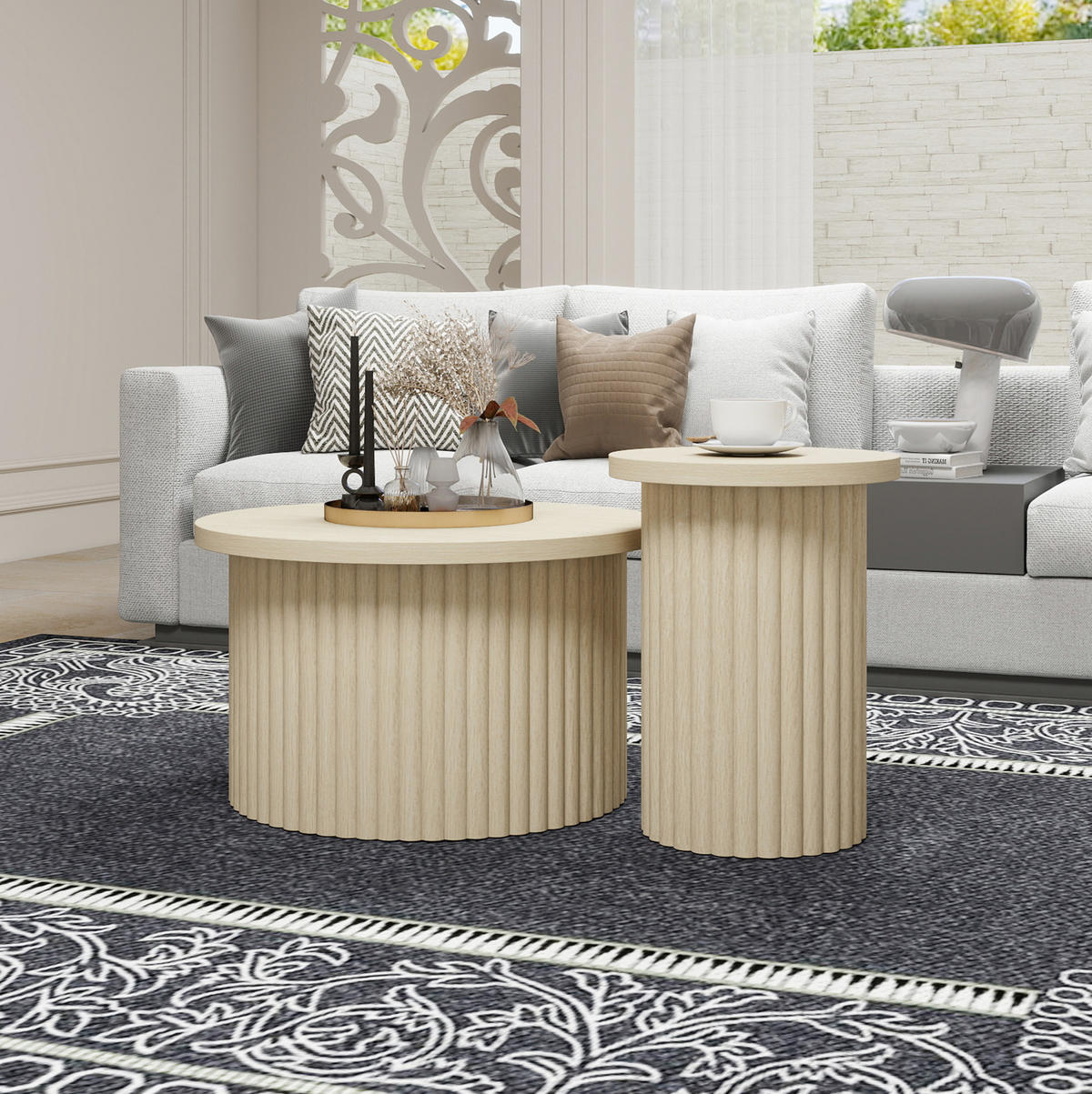 KLUBSKA miza, komplet 2 kosov, Ø 68,7/40,1 cm naravna, MDF z videzom lesa - naravne barve, leseni material (68.7/68.7/40.6cm) - BEAOK