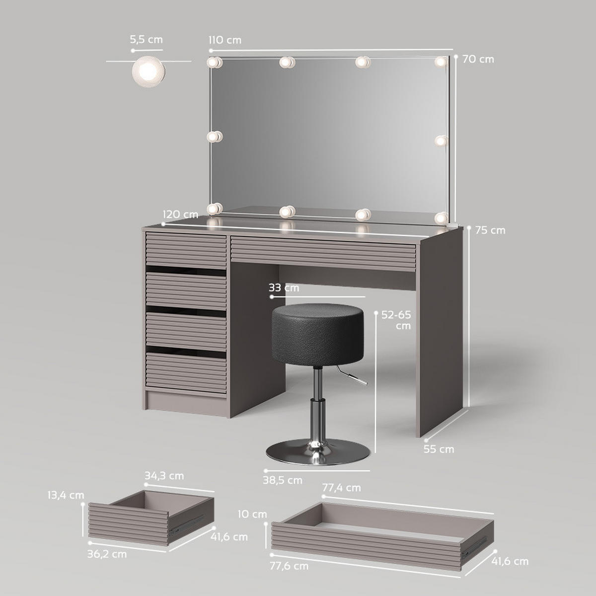 SCHMINKTISCH Imola Cashmere mit LED Beleuchtung und Hocker - Kaschmir, Holzwerkstoff (120/75/55cm) - Livinity®