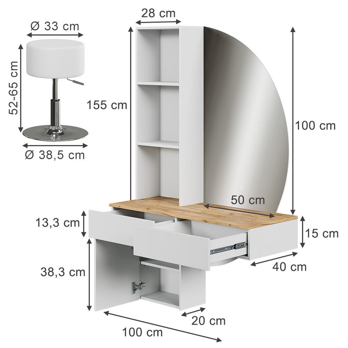 TOALETNÍ STOLEK Melora Bílá/dub - bílá, kompozitní dřevo (100/155/40cm) - Vicco
