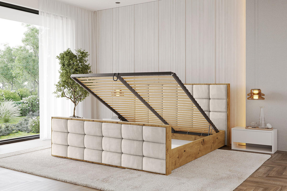POLSTERBETT mit Bettkasten, Fußteil und Lattenrost, Boxbett ohne Matratze - ENZO2-Z 180x200 Beige - Beige, Holzwerkstoff/Textil (180/200cm) - ALTDECOR