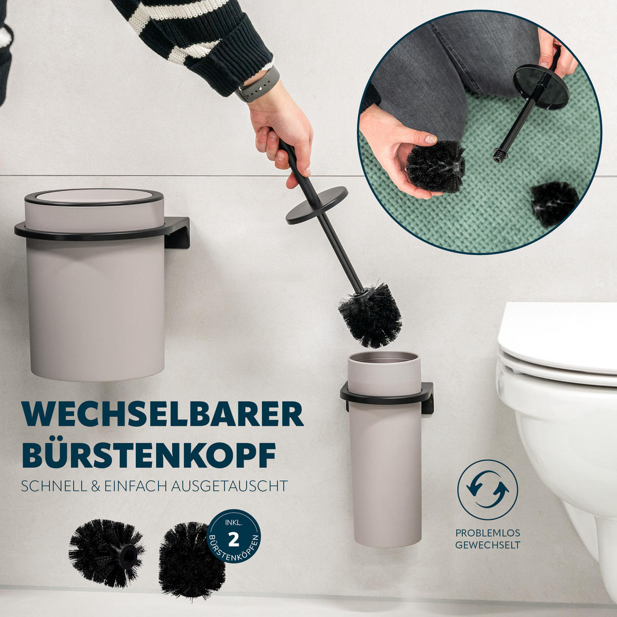 WC-GARNITUR 2-TLG. Bürste u. Eimer SAVONA Softtouch inkl. Wandhalterung, rund - taupe - Taupe, Kunststoff (19/24.5/19cm) - bremermann