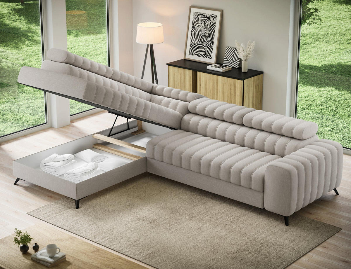 KANEDO Ecksofa mit Schlaffunktion und Bettkasten – Modernes Designsofa, verstellbare Kopfstützen, Metallfüße - Beige, Kunststoff (269/86cm) - Wohnideebilder