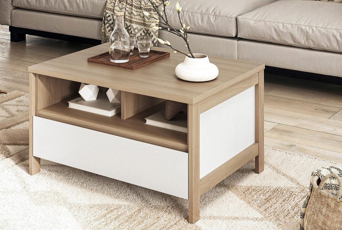 COUCHTISCH in weiß und Eiche Beistelltisch skandinavisch 80 x 60 cm, Soft-Close Finnes - Eichefarben/Weiß, Holzwerkstoff (60/80/46cm) - Furn.Design