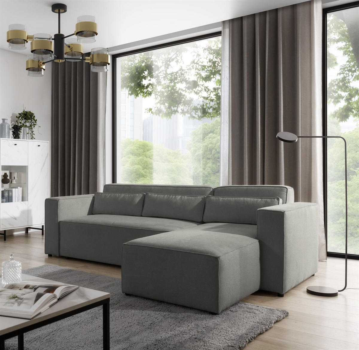 ECKSOFA Schlafsofa Waldo In Stoff Poso - Schieferfarben, Holzwerkstoff/Textil (260/173cm) - Fun Möbel