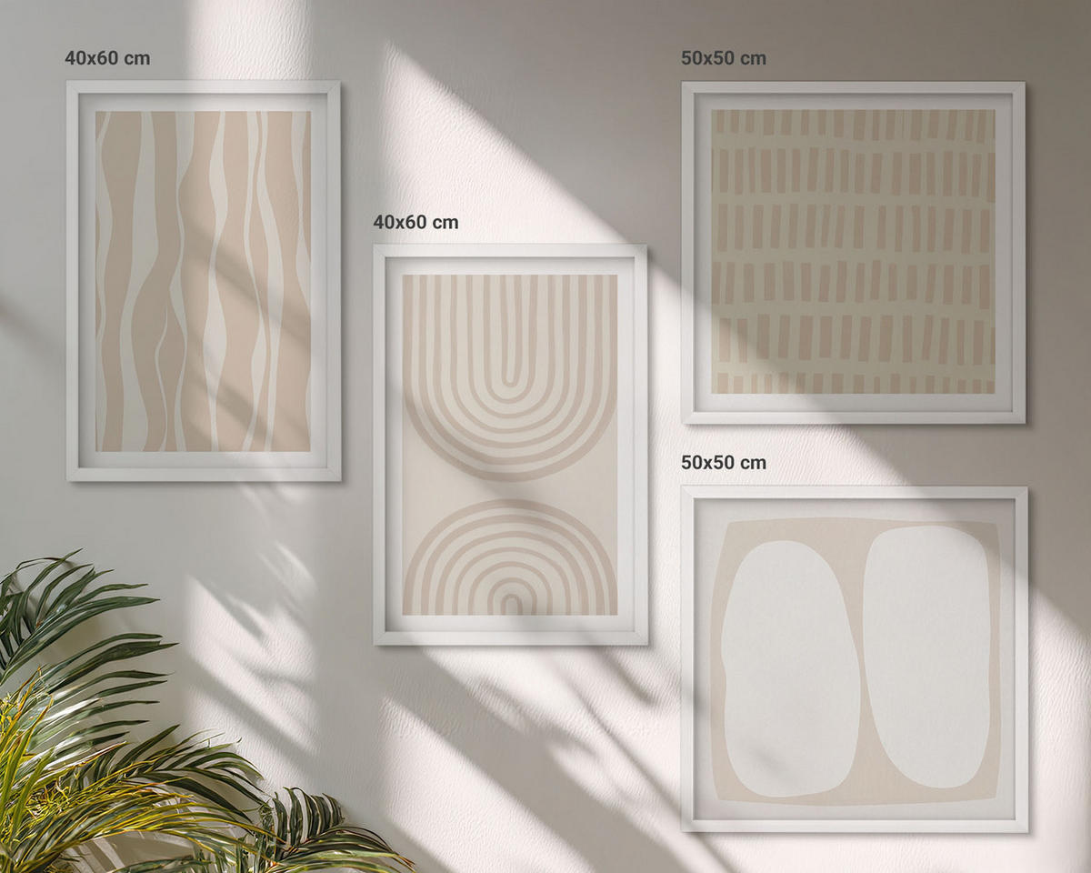 BILDER SET 4er Set - 50x50 cm & 40x60 cm Weißer Rahmen - Abstrakte Boho-Musterformen - Weiß, Kunststoff (50/50cm) - TULUP