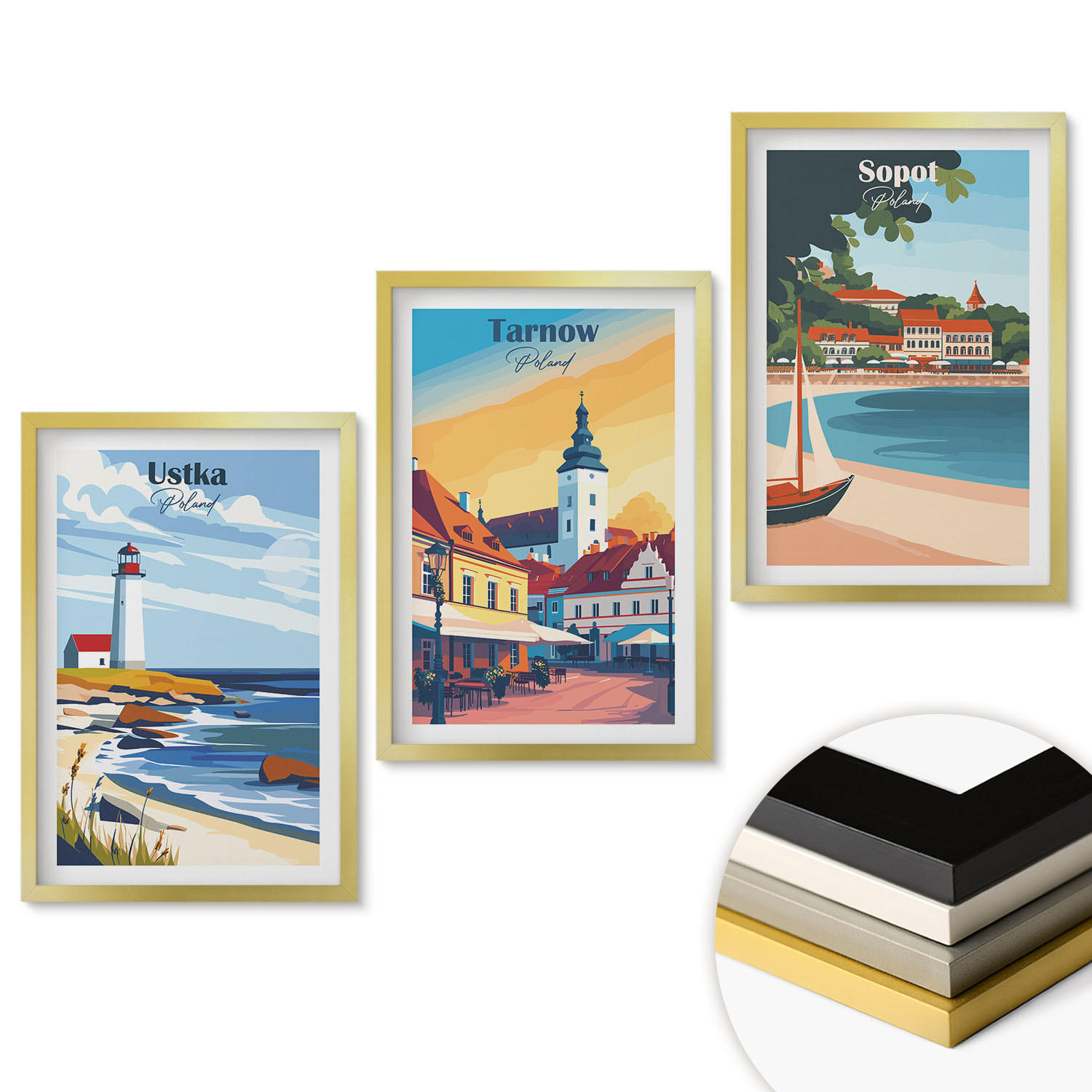 WANDBILDER 3er Set - 40x60 cm Goldrahmen - Stadtansichten Ustka Tarnów Sopot - Goldfarben, Kunststoff (40/60cm) - ArtPrintCave