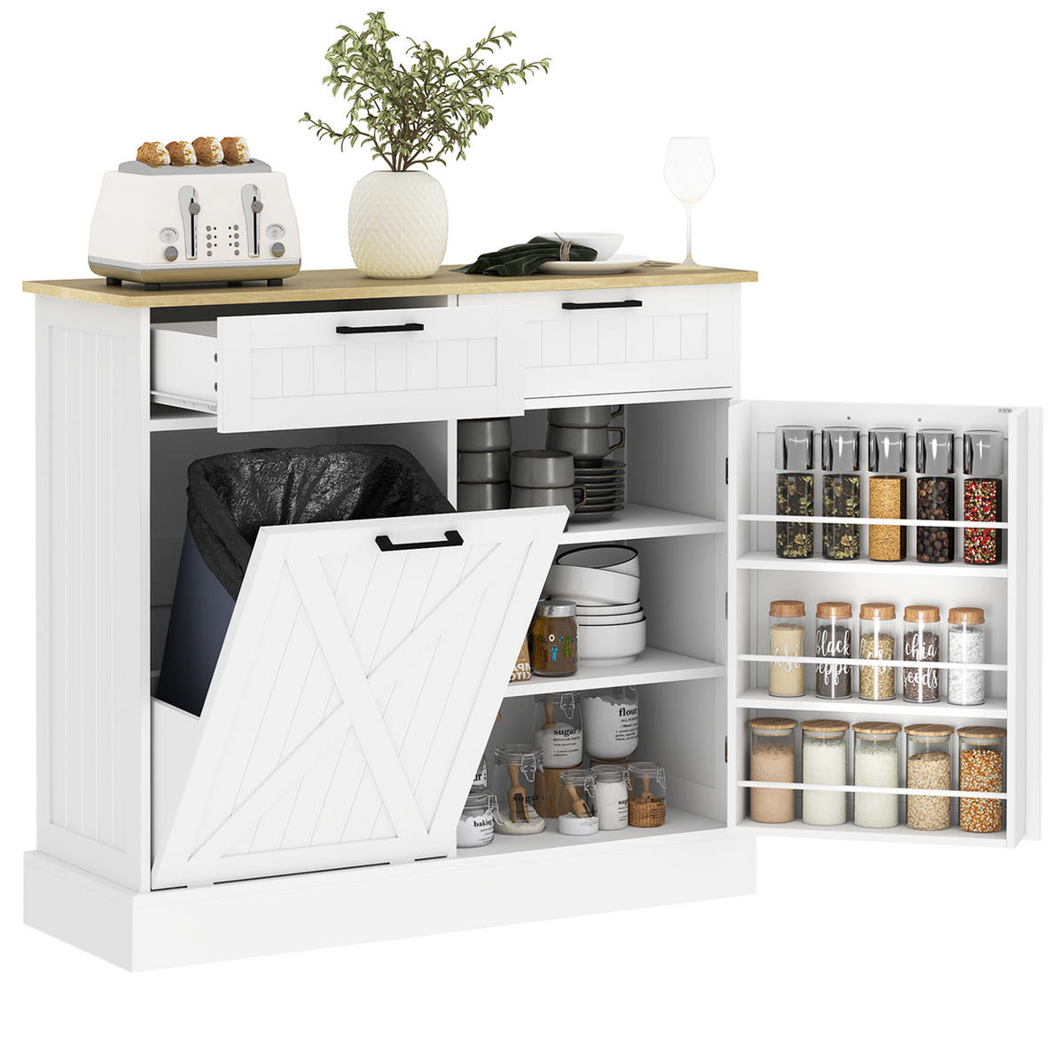 SIDEBOARD DE-11297 Integrierter 38L Mülleimer & Gewürzregal Weiß - Weiß, Holzwerkstoff (36/90/100cm) - ComfortXL