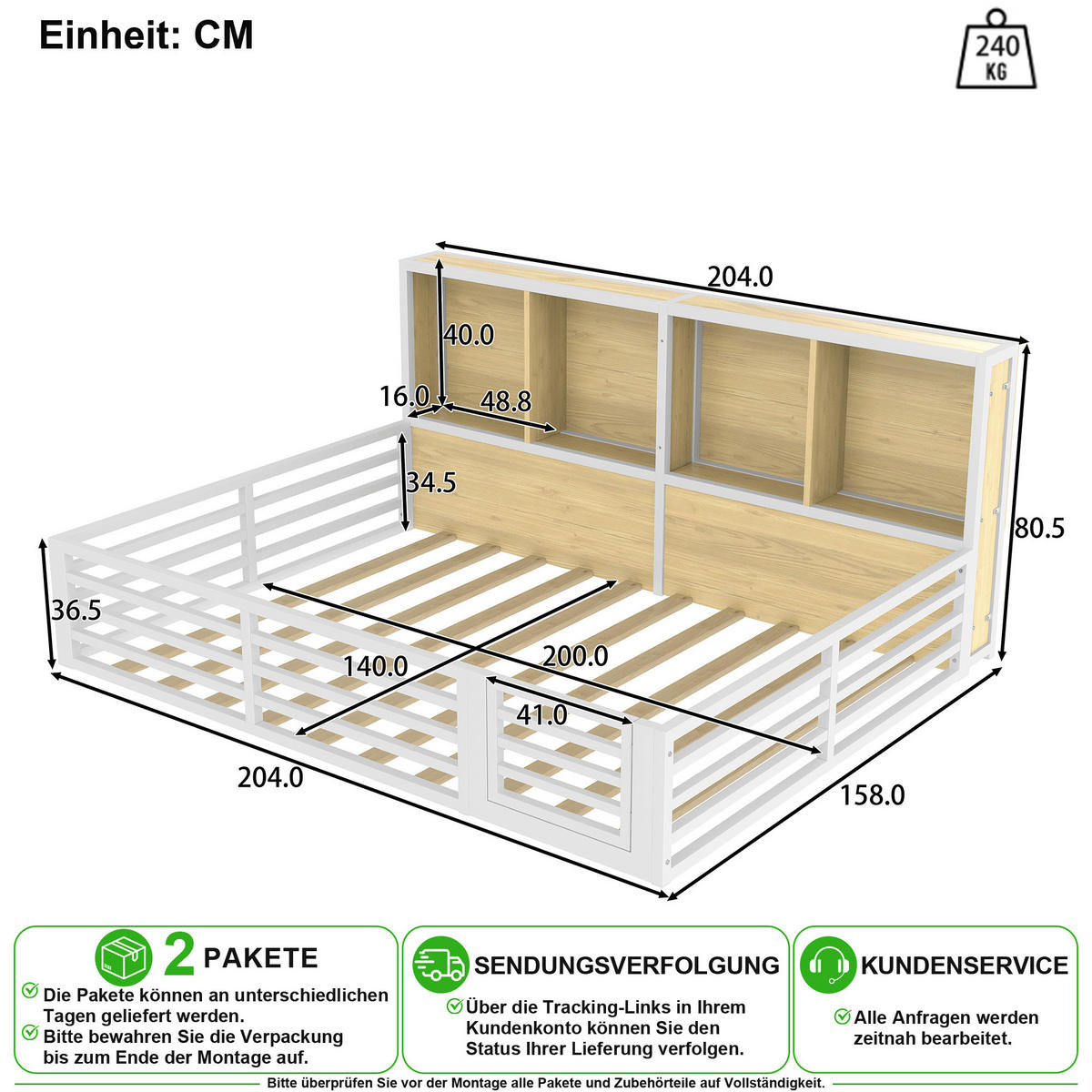 BETT 140/200 cm in Weiß mit Ablagefächern und LED - Weiß, Holzwerkstoff/Metall (140/200cm) - CHICFURN
