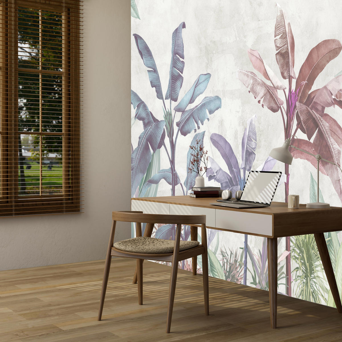 FOTOTAPETE für Schlafzimmer Bunte Bananenblätter Tropen Bäume 500x350 - Beige/Rot, Papier (500/350cm) - Muralo