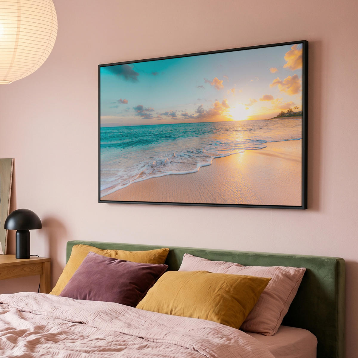 LEINWAND Bilder mit Rahmen - Sonnenuntergang - Strand - Meer - Sommer - Blau - 140x90 - Multicolor, Textil (140/90cm) - MuchoWow