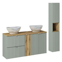 BADMÖBEL-SET 8Teile - Line Reed Green L BM76 in Schilfgrün/ Evoke Eiche - Eiche Artisan/Grün, Holz (140/140/40cm)