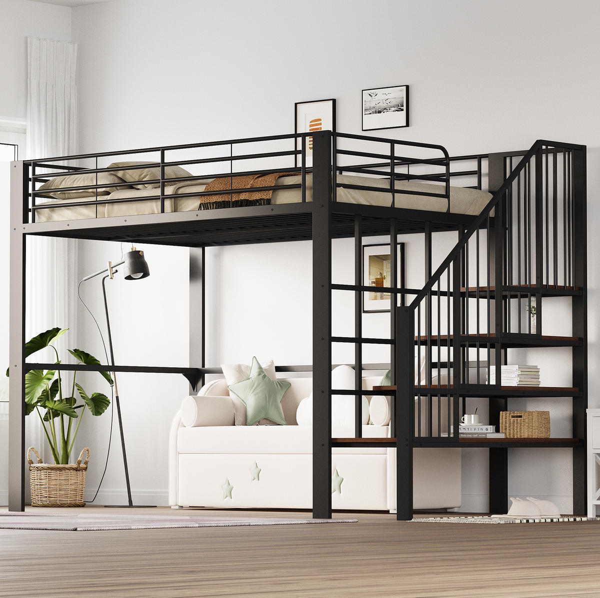 HOCHBETT 140/200 cm Schwarz Metall mit Stauraum und Treppe - Schwarz, Metall (140/200cm) - OKWISH
