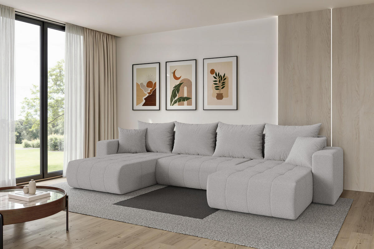 SEDACÍ SOUPRAVA DO U s funkcí spaní a úložným prostorem MILA-U 378x194x86 světle šedá bouclé - černá/stříbrná, kompozitní dřevo/textil (378/86/194cm) - ALTDECOR