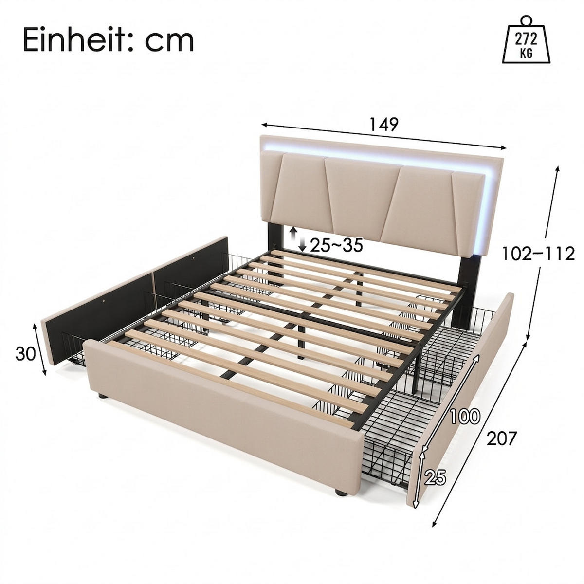 POLSTERBETT 140/200 cm Beige mit LED-Beleuchtung und 2 Schubladen - Beige, Textil (140/200cm) - Oxeza