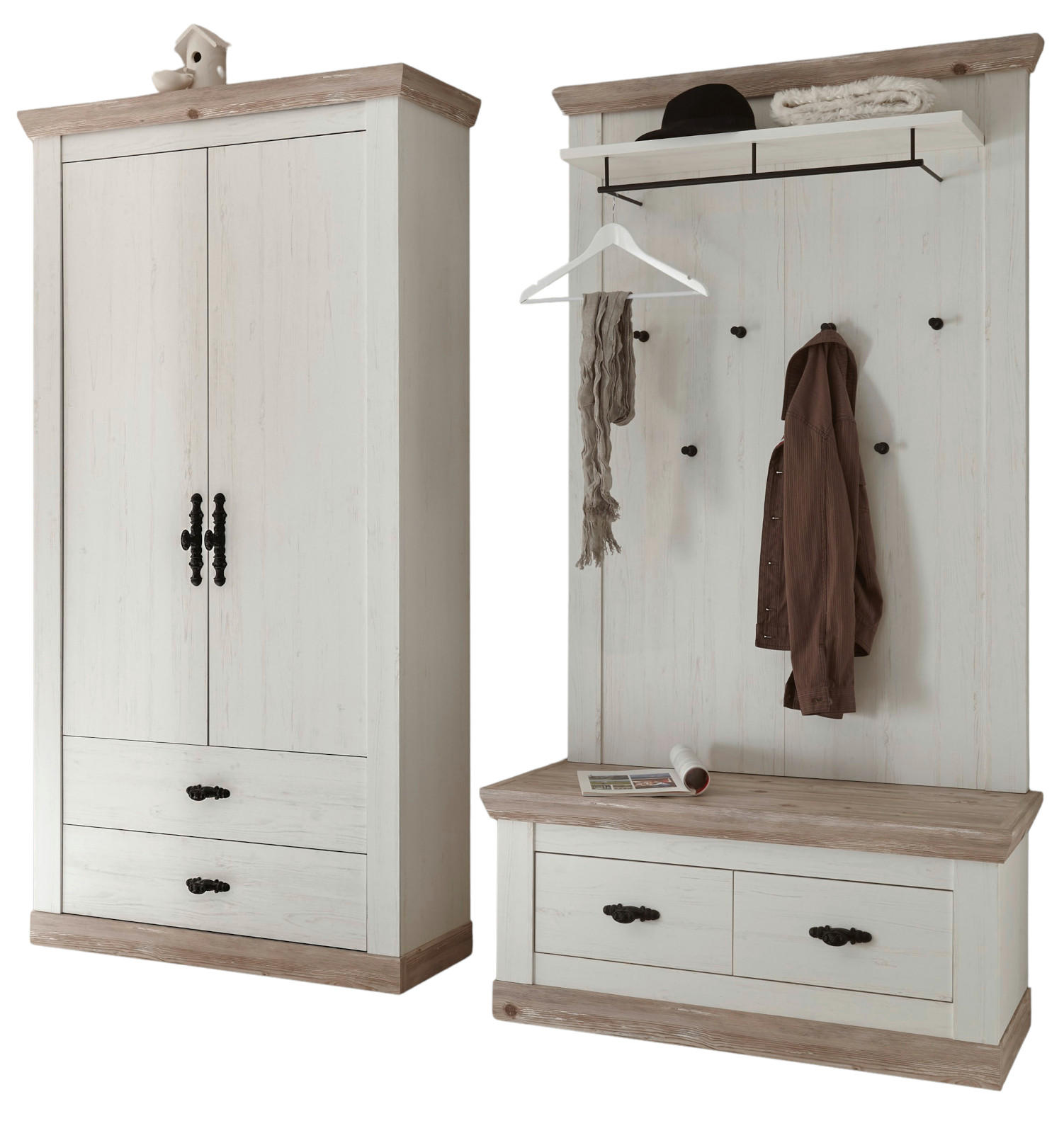 GARDEROBENKOMBINATION Pinie weiß, Oslo Pinie Landhaus, Garderobe Set 3-tlg., 224 x 201 cm - Weiß/Pinienfarben, Holzwerkstoff/Metall (224/201/45cm) - Furn.Design