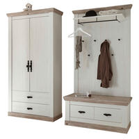 GARDEROBENKOMBINATION Pinie weiß, Oslo Pinie Landhaus, Garderobe Set 3-tlg., 224 x 201 cm - Weiß/Pinienfarben, Holzwerkstoff/Metall (224/201/45cm) - Furn.Design