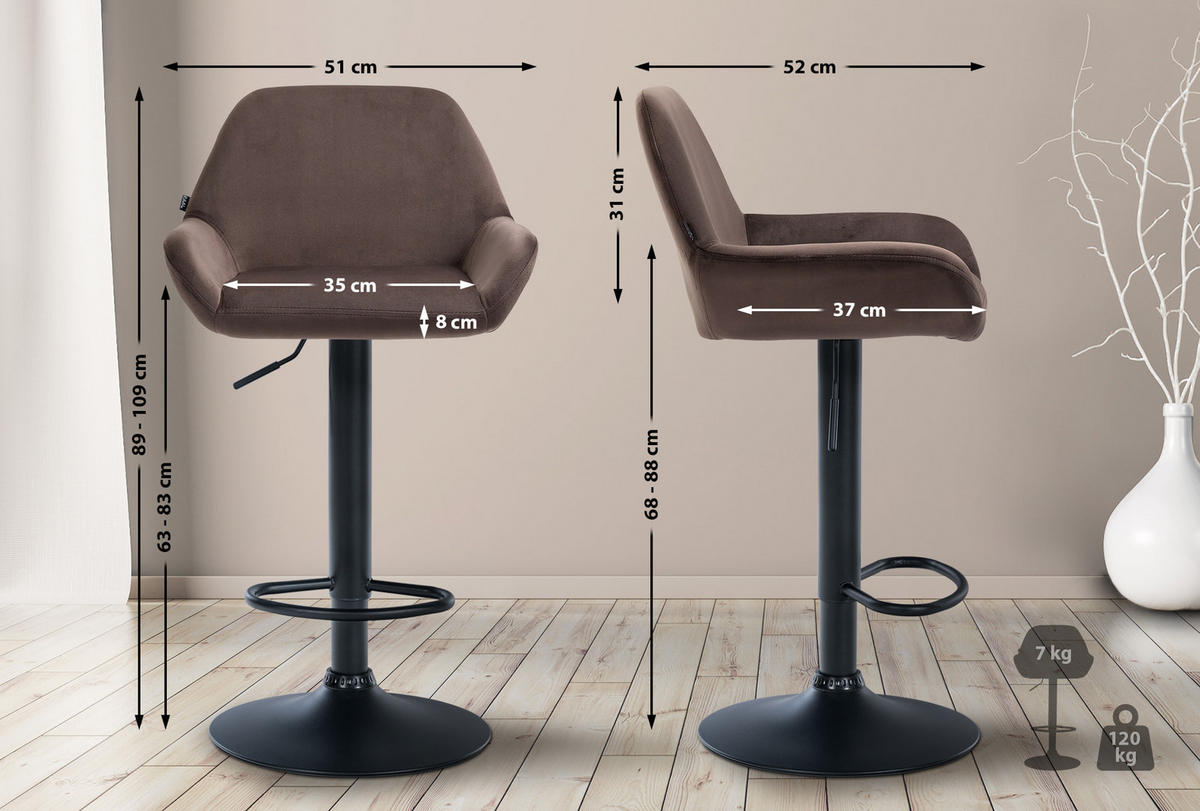 BARHOCKER 2er Set Samt Braun - Schwarz/Braun, Textil/Metall (51/89/52cm) - CLP