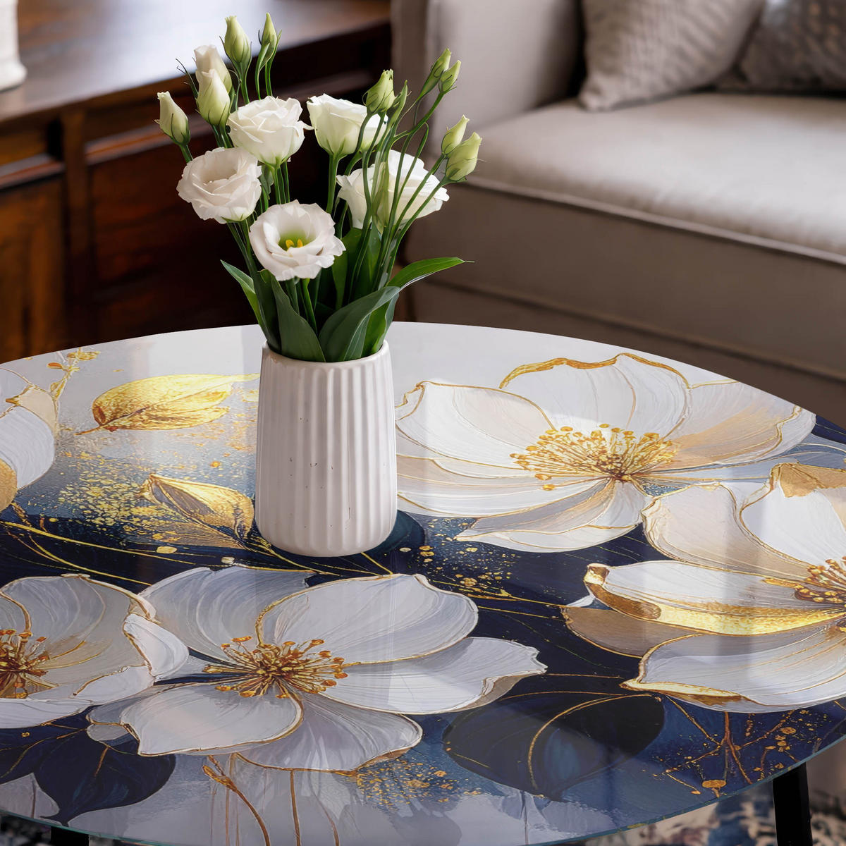 GLASPLATTE fi100 cm – Florale Eleganz - Beige, Glas (0.4/100/100cm) - ArtPrintCave
