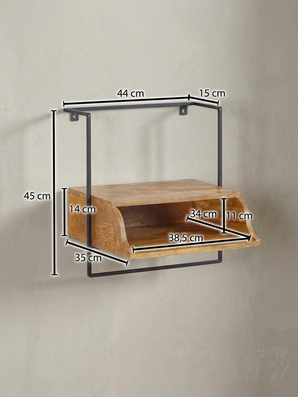 WANDKONSOLE Mango Massivholz Industrial Stil 44x45x35 cm - Schwarz/Braun, Holz/Metall (44/45/35cm) - KADIMA DESIGN