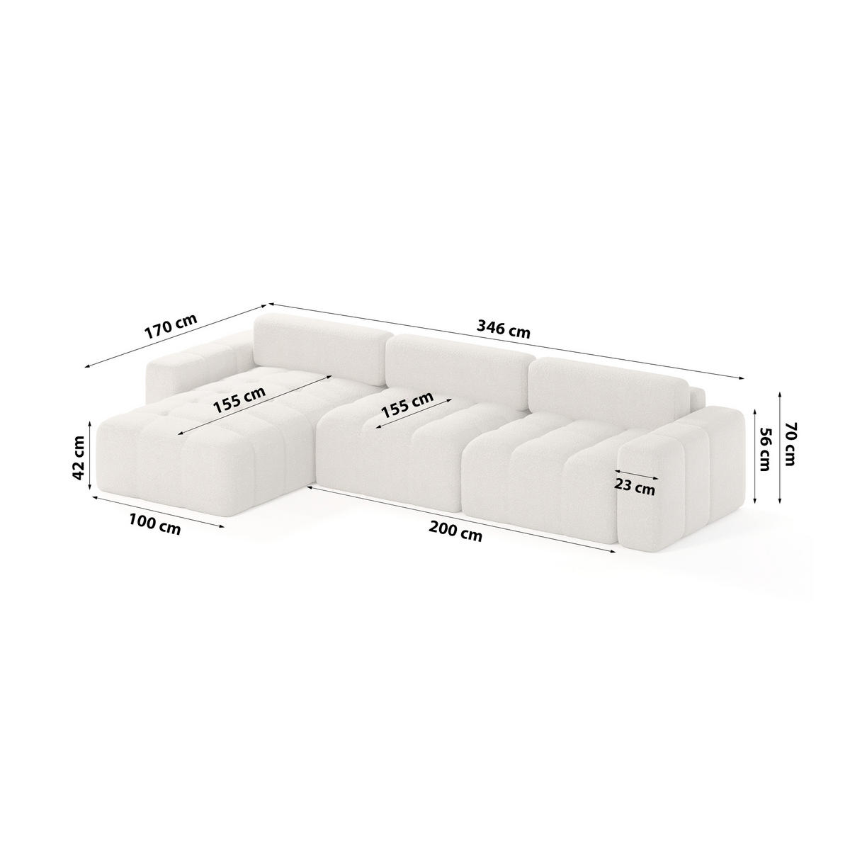 ECKSOFA Bouclé-Stoff 8 Sitzer Bornum So, Creme - Creme, Textil (346/170cm) - Meblito