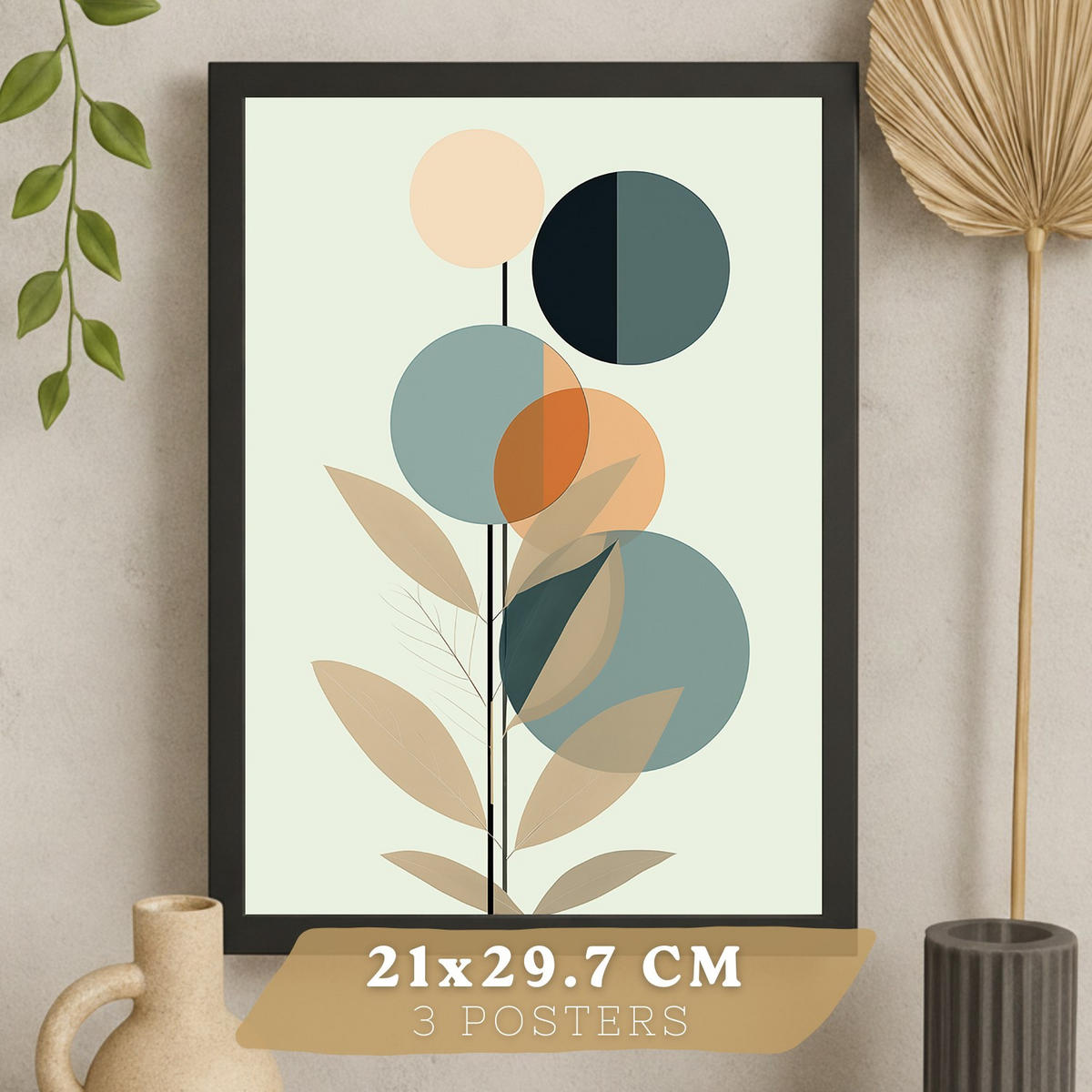 PLAKAT Sada 3 Abstraktní rostlina A3 Černý rám - černá, papír (29.7/1/42cm) - Nacnic