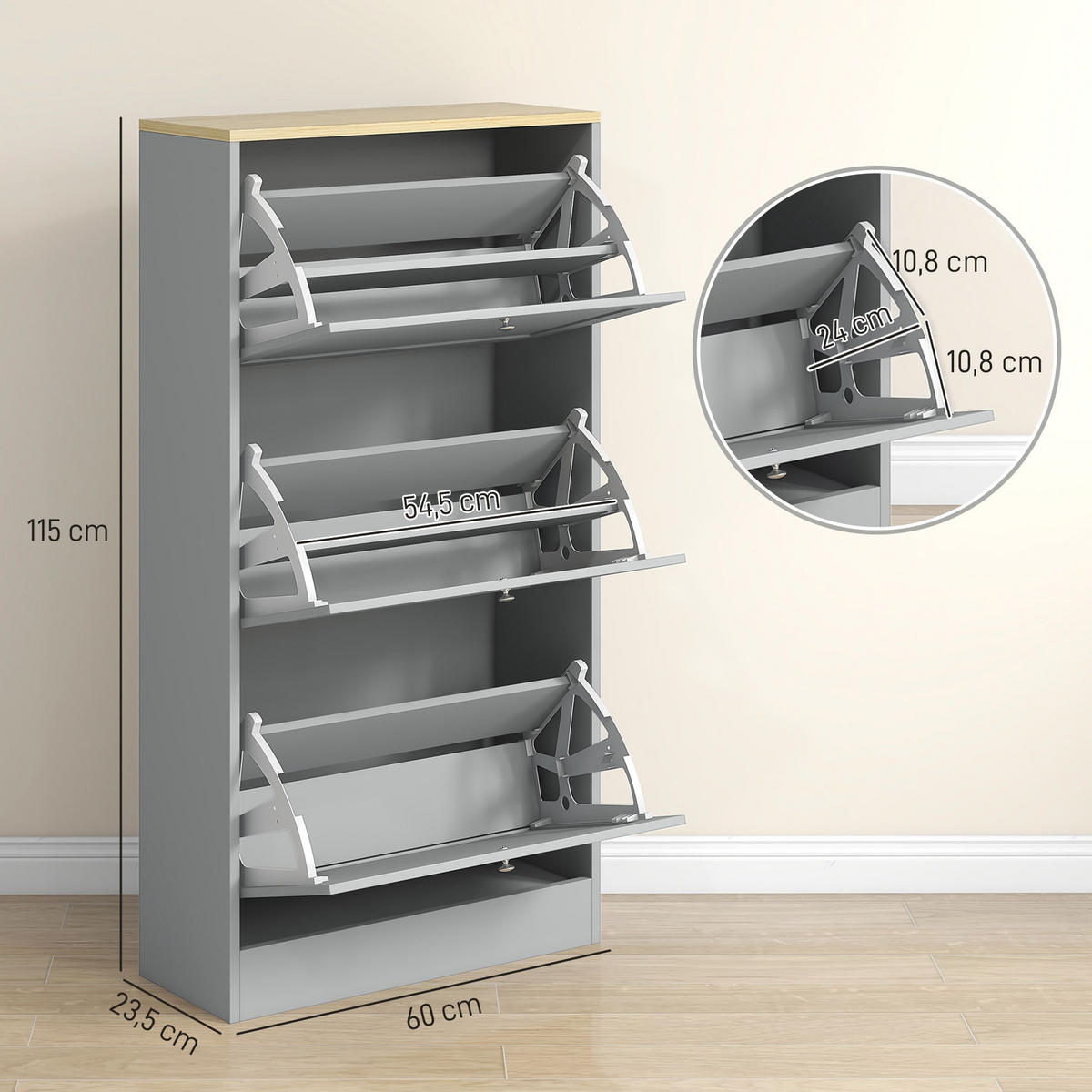 SCHUHSCHRANK Grau Holzwerkstoff mit 3 Klappfächern platzsparend 1 Stück - Grau, Holzwerkstoff (60/115/23.5cm) - PANGIVO