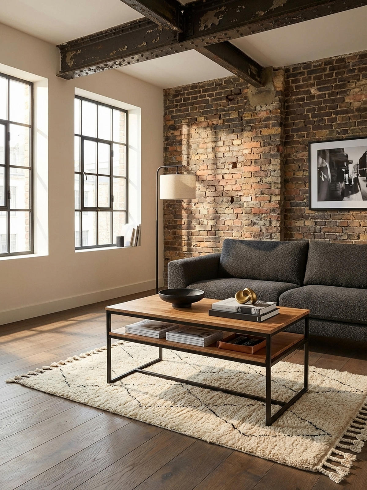 COUCHTISCH Industrial Vintage, Akazienholz und Eisen, 2 Ablagen, Belastbarkeit 15 kg - Beige/Schwarz, Holz/Metall (60/100/45cm) - KADIMA DESIGN