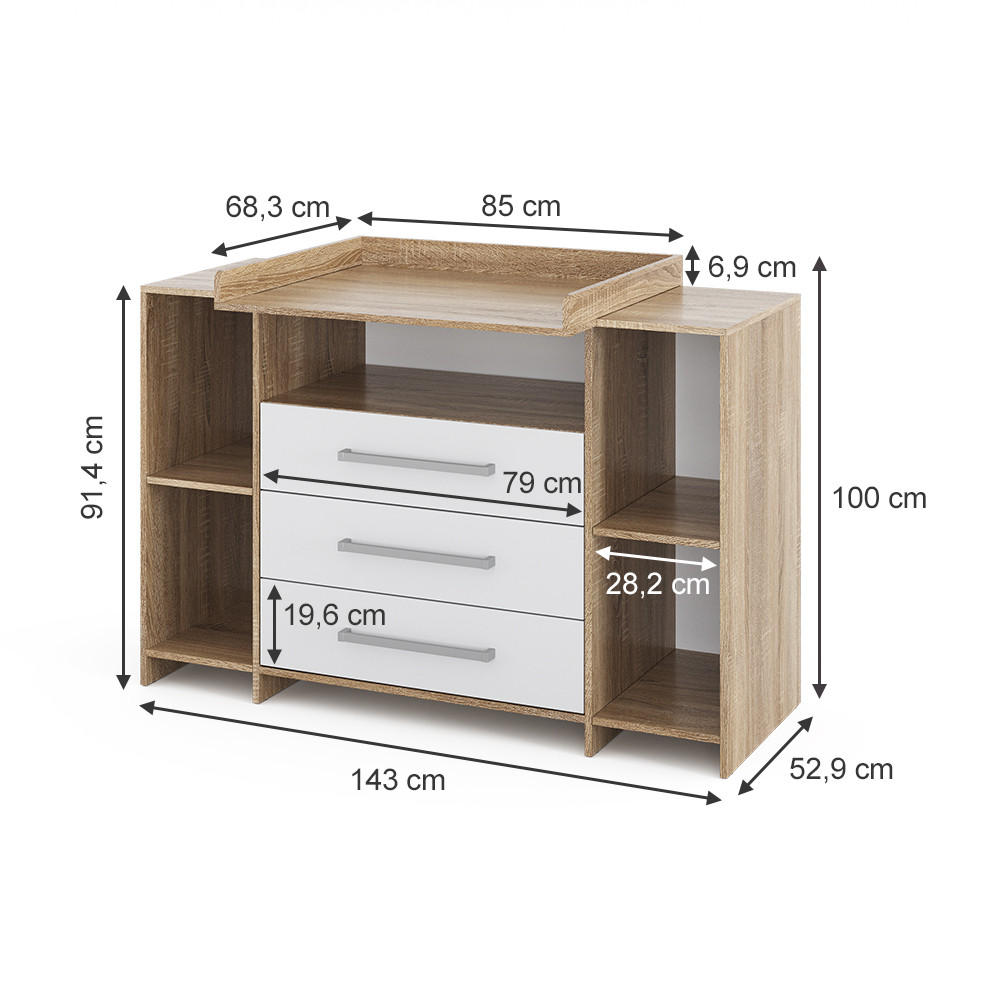 Thumbnail - Vicco Wickelkommode, Weiß, Sonoma Eiche, Holzwerkstoff, 8 Fächer, 3 Schubladen, Rechteckig, 143x100x70 cm, Babymöbel, Wi...