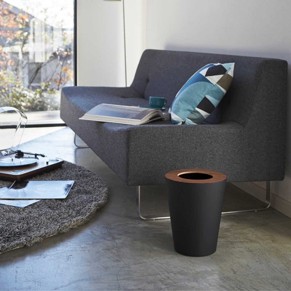 PAPIERKORB aus Metall 23/28/23 cm rund mit Holzabdeckung - Schwarz, Metall (23/28/23cm) - Yamazaki