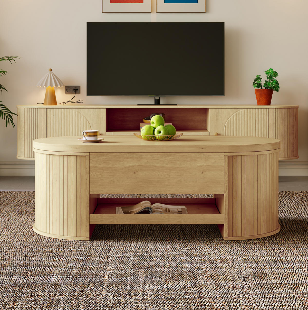 COUCHTISCH 110/55,5/40 cm höhenverstellbar mit Stauraum und ausziehbarer Ablage aus MDF, Natur - Naturfarben, Holzwerkstoff (110/55.5/40cm) - Modfu