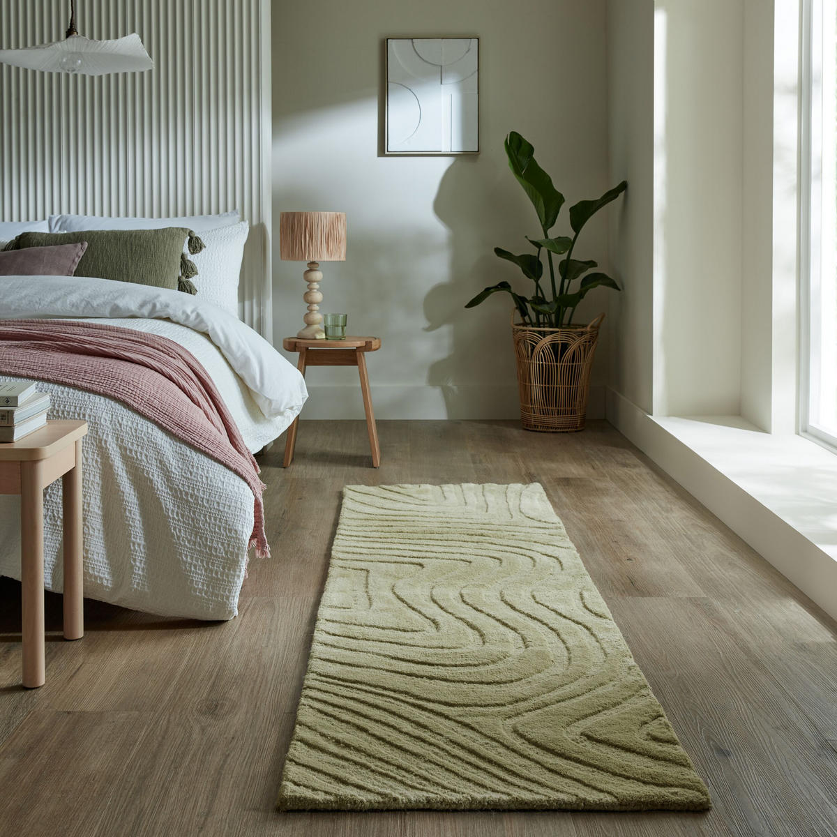 WOLLTEPPICH Wellen Abstrakt, Wohnzimmer Olivegrün Läufer 60x230 - Grün, Textil (60/230cm) - KADIMA DESIGN