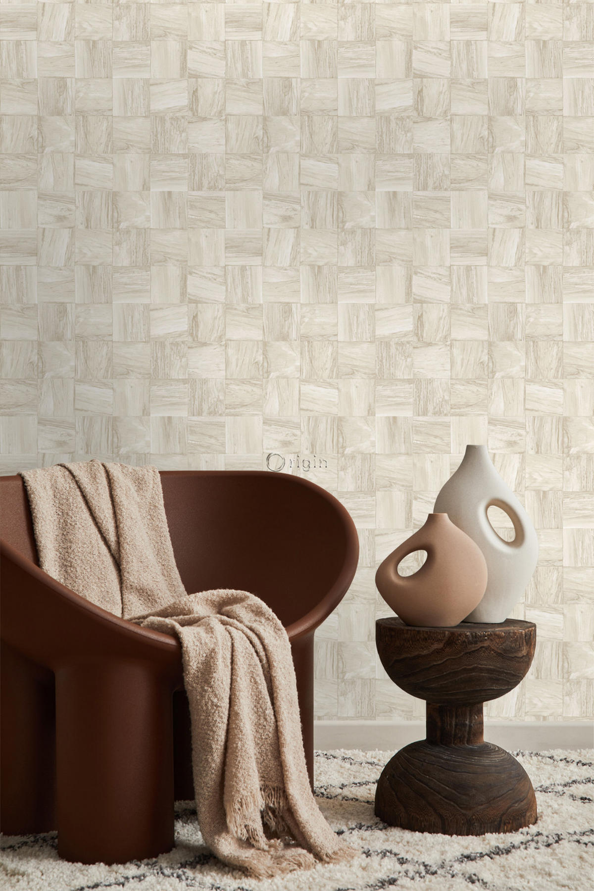 TAPETE quadratische Holzstücke 53 cm x 10.05 m - Beige, Papier (53/1000cm) - Origin Wallcoverings