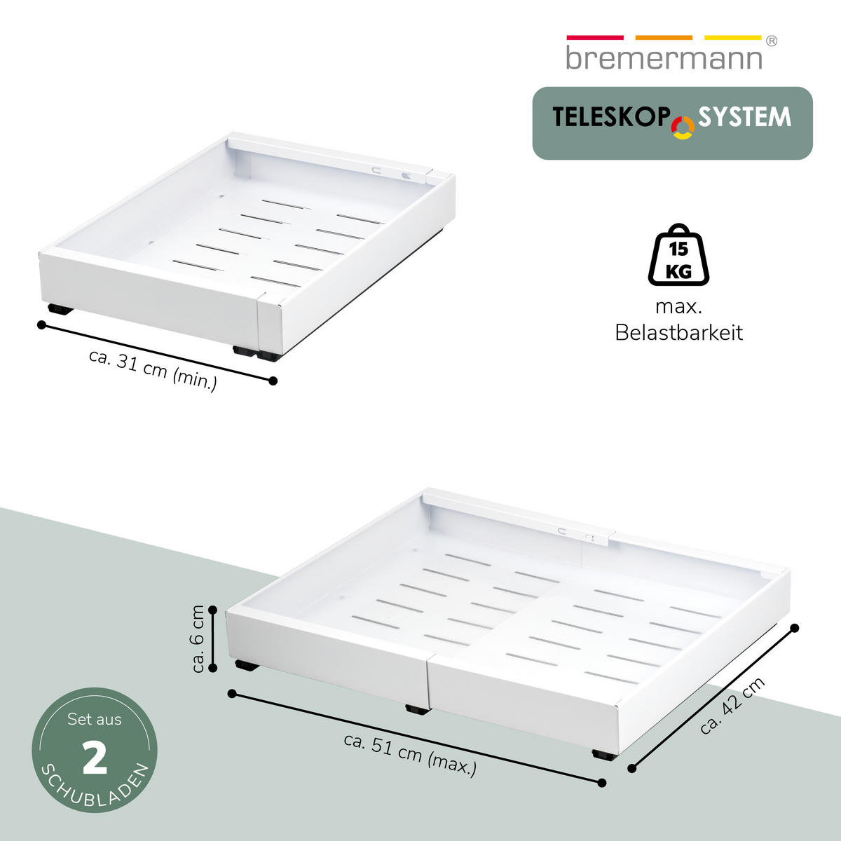 TELESKOPSCHUBLADEN (2er Set), ausziehbar, Metall, weiß - Weiß, Metall (51/6/42cm) - bremermann