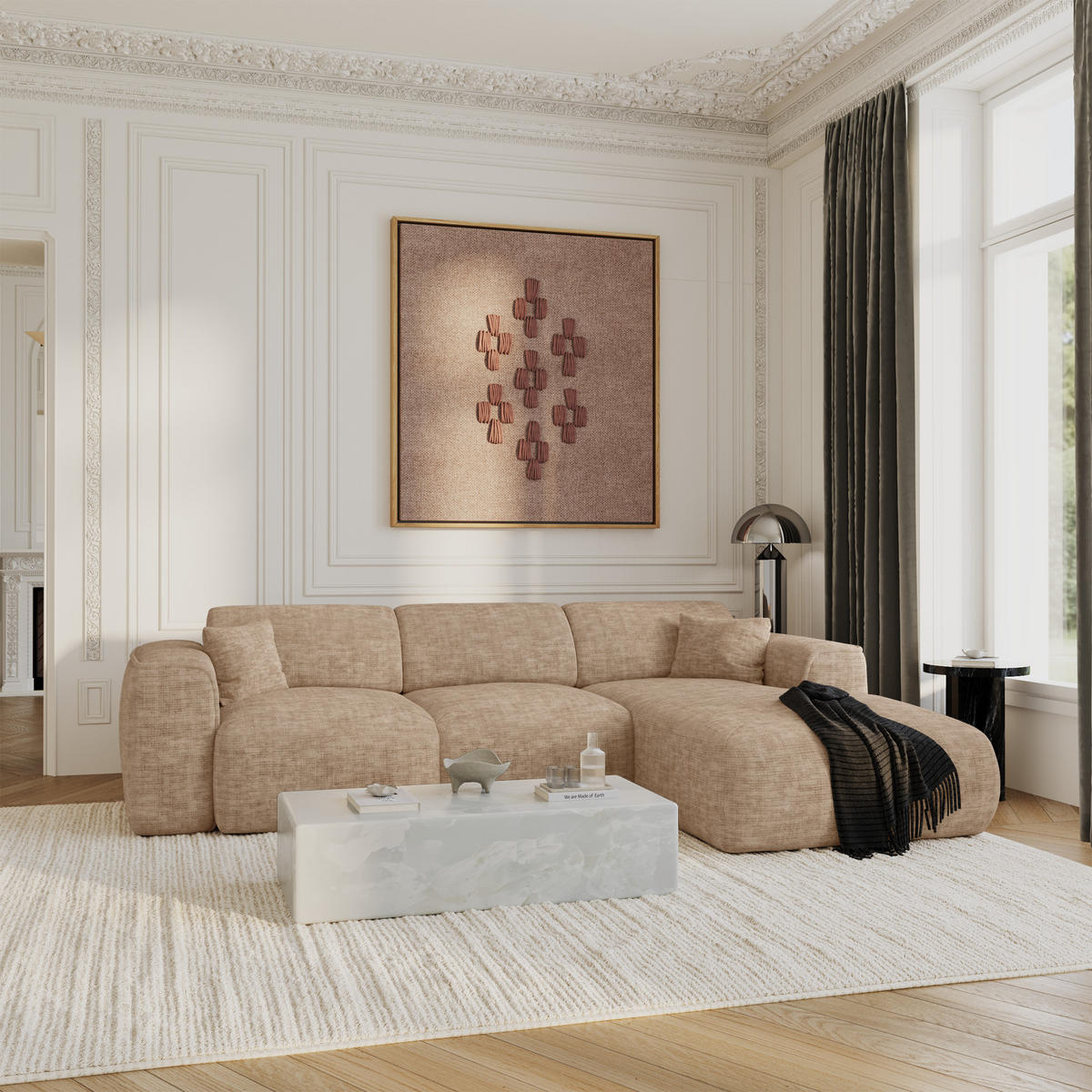 ECKSCHLAFSOFA Texturierter Samt Taupe 283cm - Taupe, Textil (283/180cm) - Sia Home
