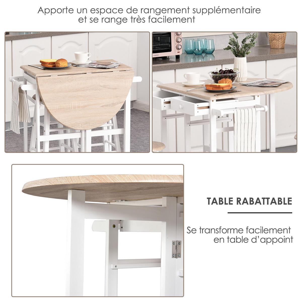 BARTISCH-SET DE-14686 klappbar mit Rollen & 2 Hockern Eiche hell - Beige, Holzwerkstoff (83/74/83cm) - ComfortXL