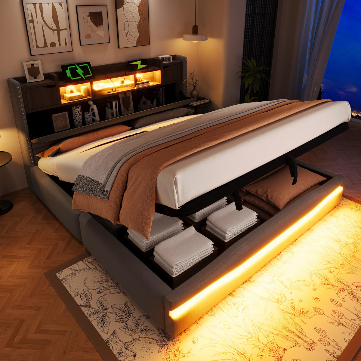 POLSTERBETT 180x200 cm LED USB grau - Grau, Textil (180/200cm) - LEBENLANG