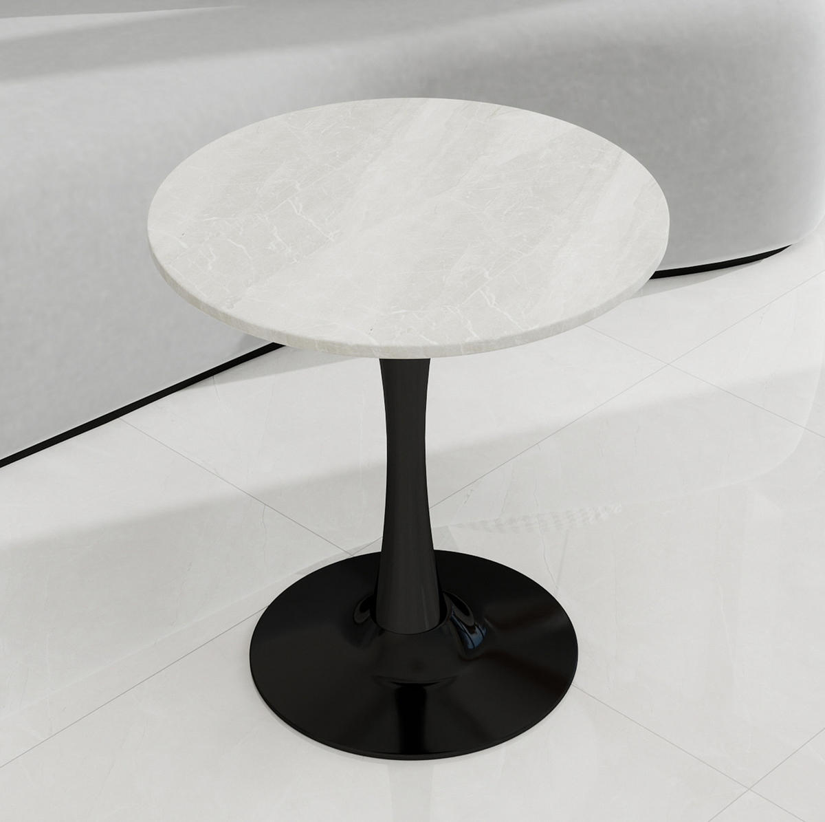 COUCHTISCH 70/70/72 cm mit runder Tischplatte in Marmoroptik und filigranem Gestell, Schwarz/Weiß - Schwarz, Stein (70/70/72cm) - Redom