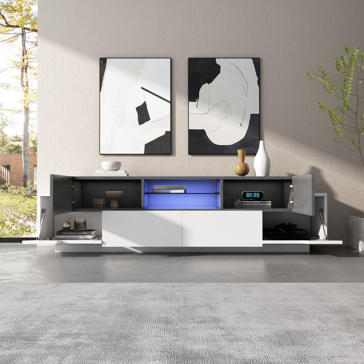 TV-SCHRANK Modern Lowboard LED-Beleuchtung Glasböden Weiß-Grau bis 80 Zoll - Weiß, Holz (48.26/18.42/99.06cm) - FLIEKS