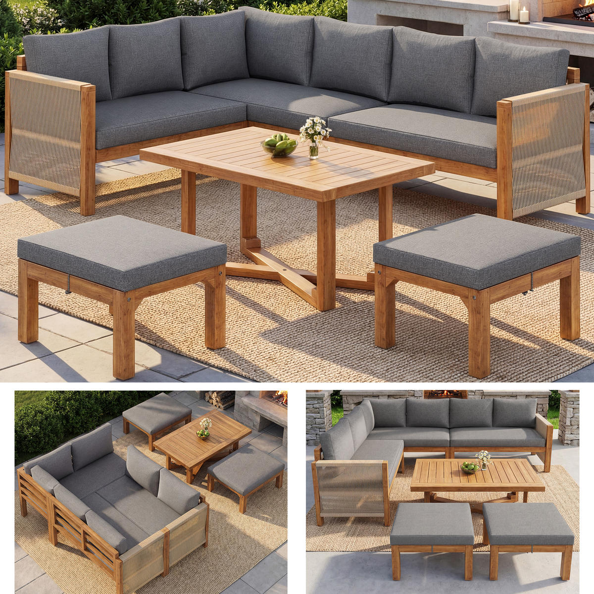 GARTENLOUNGE Akazienholz 6 Sitzer Ecksofa Tisch Hocker Kissen - Grau, Holz - FLIEKS