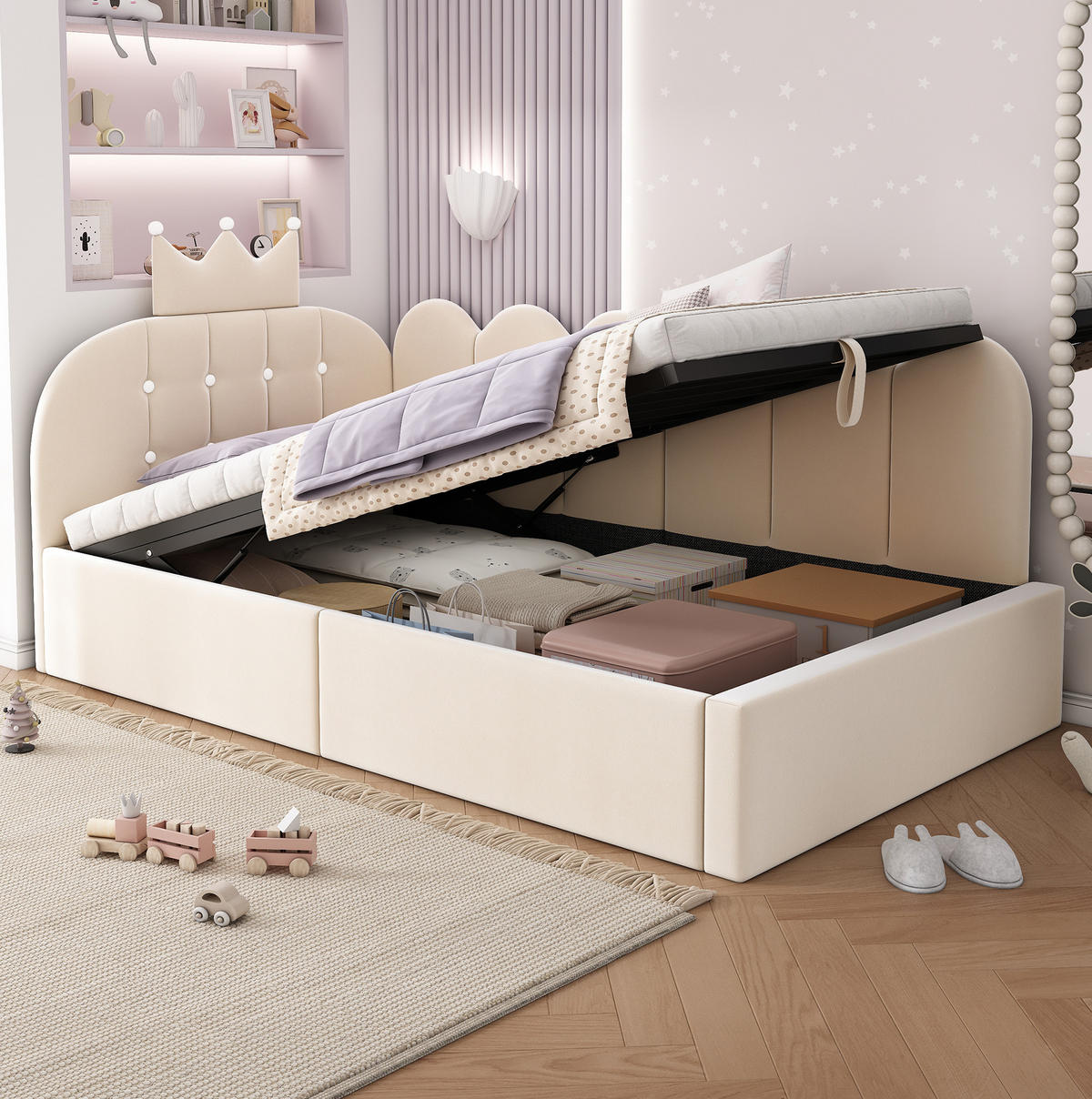 POLSTERBETT aus Samt 90x200 cm Beige mit hydraulischem Bettkasten und Kronen-Gitter-Design - Beige, Textil (90/200cm) - Modfu