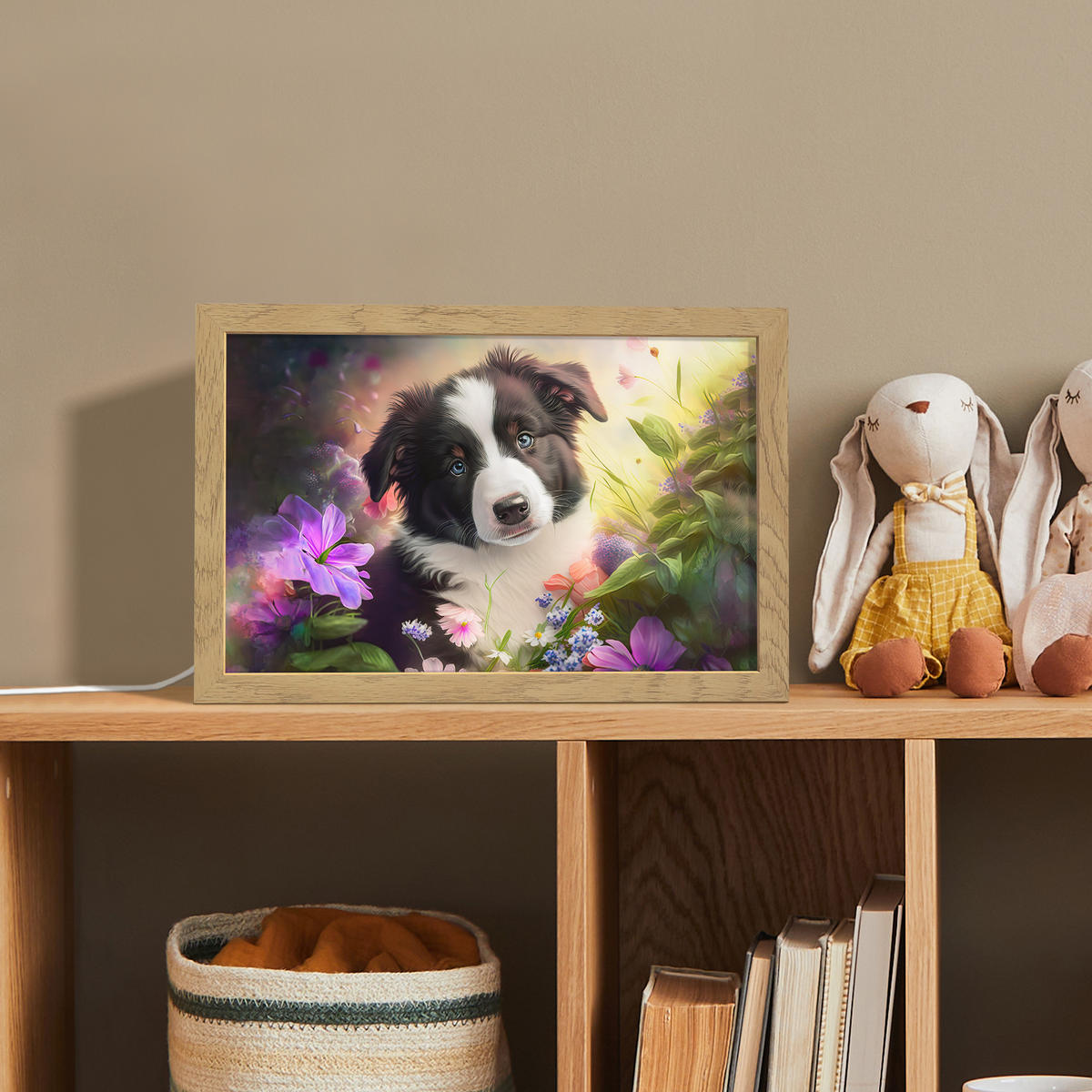 NACHTTISCHLAMPE Welpe - Sonne - Blumen - Natur - Border Collie - Hund 30x20 cm - Violett, Holzwerkstoff (8/30/20cm)